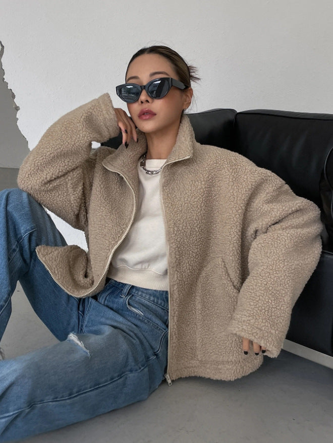 Teddy-Fleecejacke Damen Oversized — Stehkragen Winterjacke 5