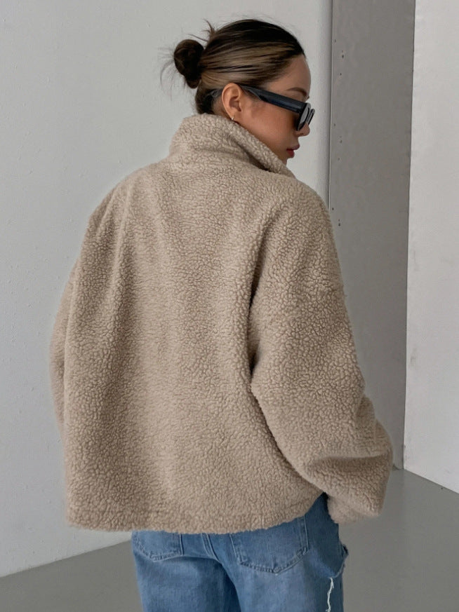 Teddy-Fleecejacke Damen Oversized — Stehkragen Winterjacke 6