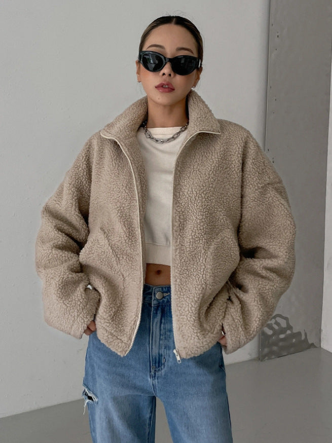 Teddy-Fleecejacke Damen Oversized — Stehkragen Winterjacke 7