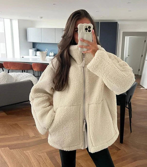 Teddy-Fleecejacke Damen Oversized — Stehkragen Winterjacke 1