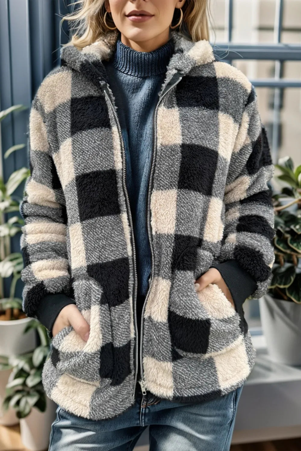 Women's Sherpa Teddy Coat — Hooded Full-Length Zip 3