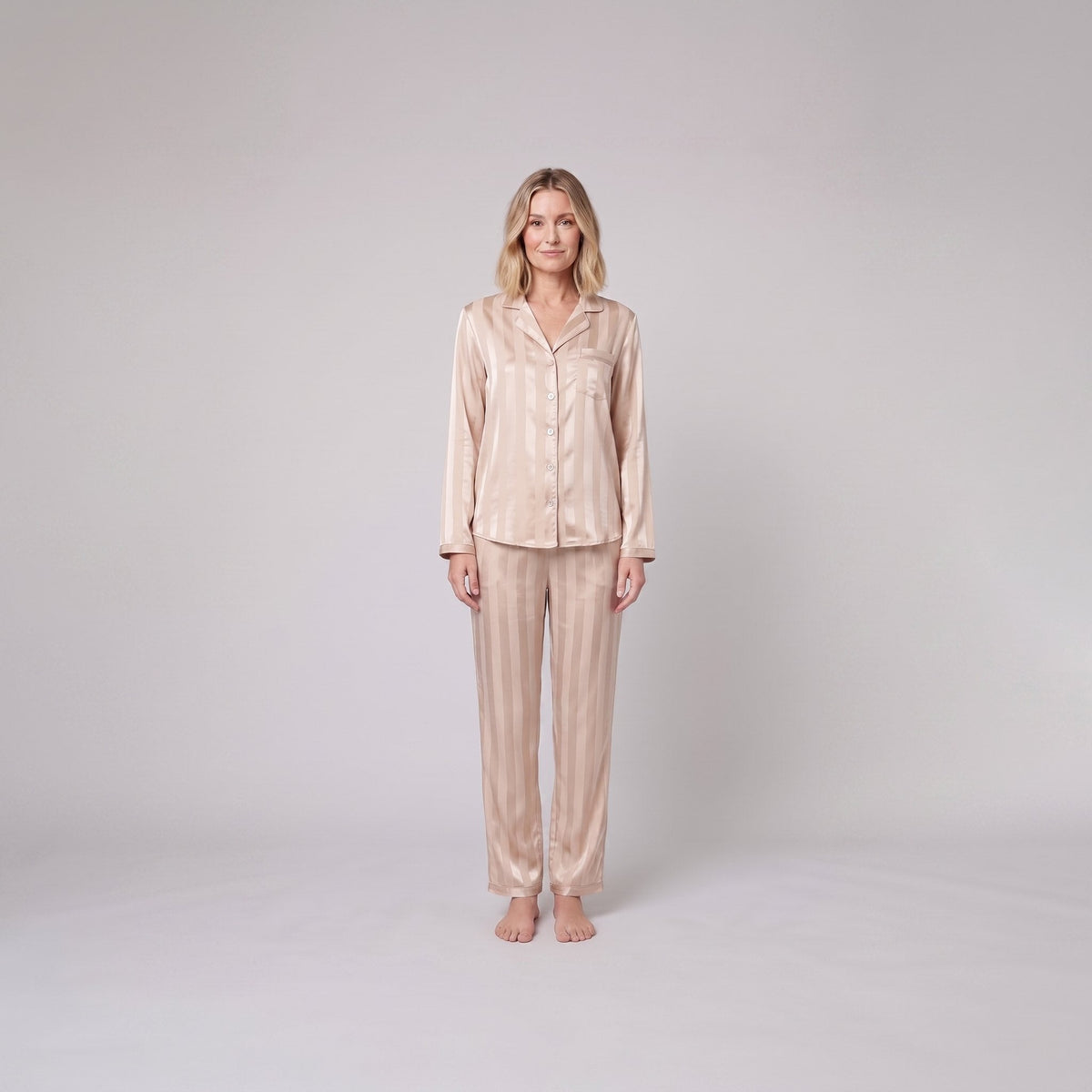 Women's Satin Pajama Set — Striped Button-Down & Pants 1