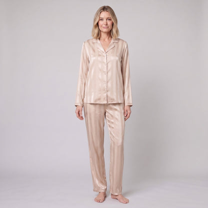 Women's Satin Pajama Set — Striped Button-Down & Pants 2