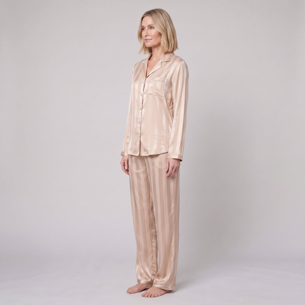 Women's Satin Pajama Set — Striped Button-Down & Pants 3