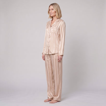 Women's Satin Pajama Set — Striped Button-Down & Pants 3