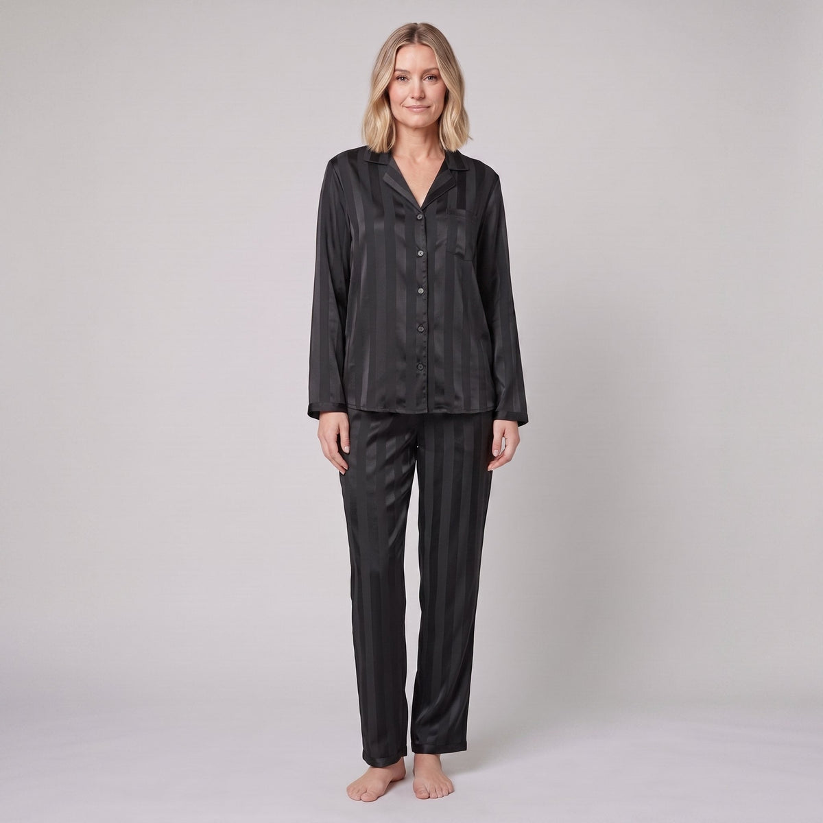 Women's Satin Pajama Set — Striped Button-Down & Pants 7