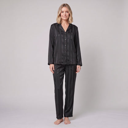 Women's Satin Pajama Set — Striped Button-Down & Pants 7