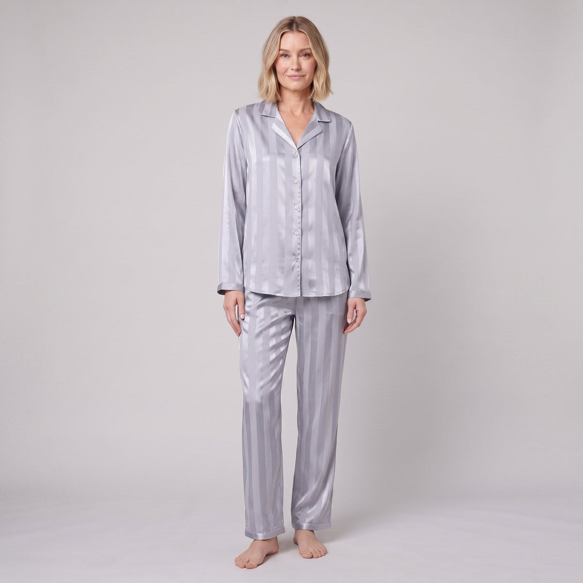 Women's Satin Pajama Set — Striped Button-Down & Pants 6