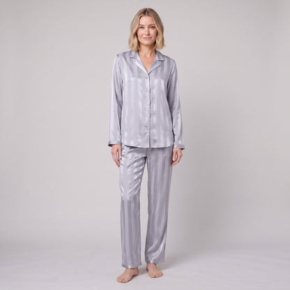 Women's Satin Pajama Set — Striped Button-Down & Pants 6