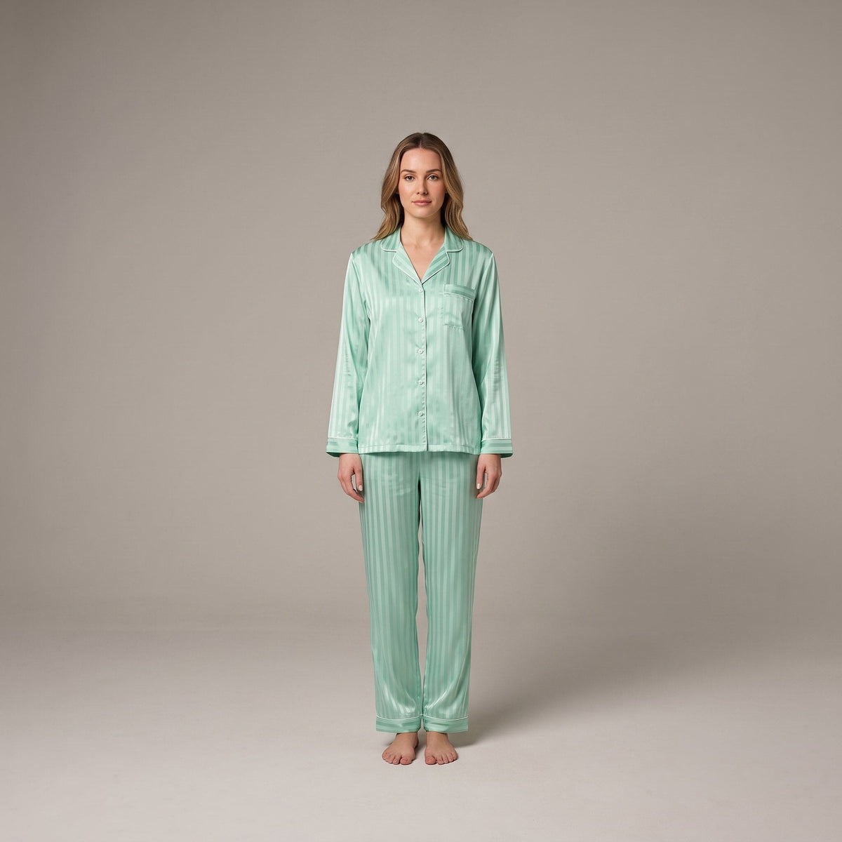 Women's Satin Pajama Set — Striped Button-Down & Pants 5