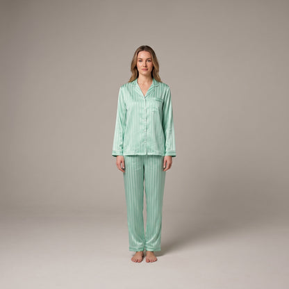 Women's Satin Pajama Set — Striped Button-Down & Pants 5