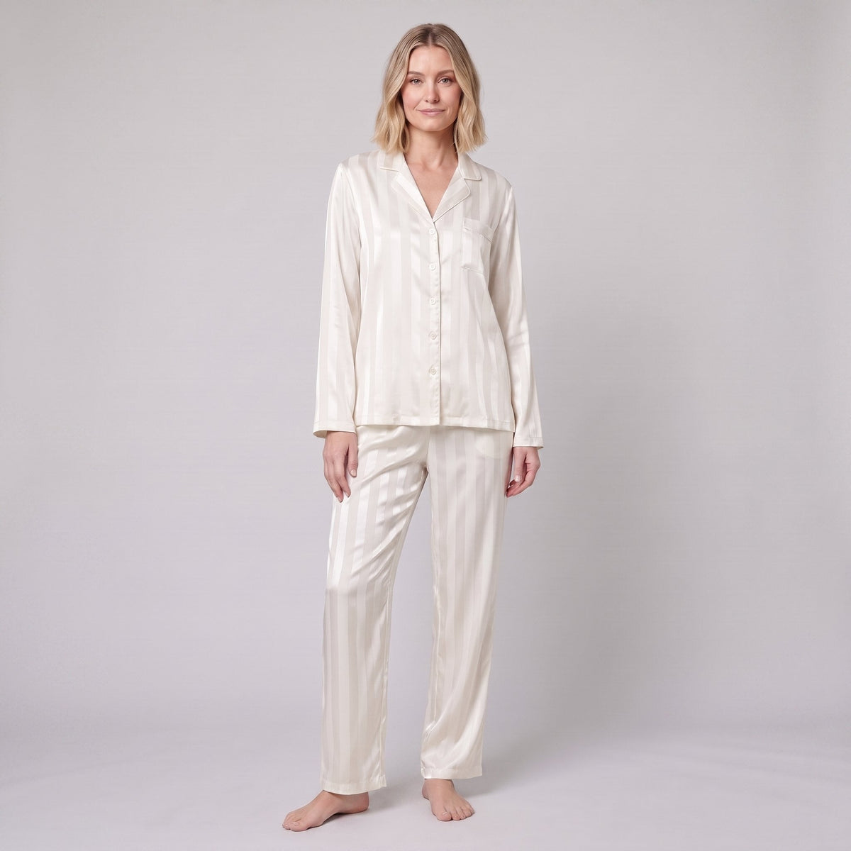 Women's Satin Pajama Set — Striped Button-Down & Pants 8