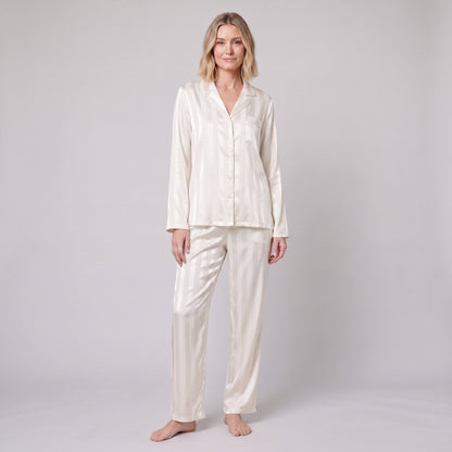 Women's Satin Pajama Set — Striped Button-Down & Pants 8