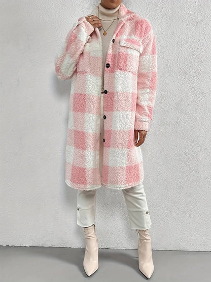 Women's Long Winter Coat Plaid Teddy Fleece – Cozy & Warm 1