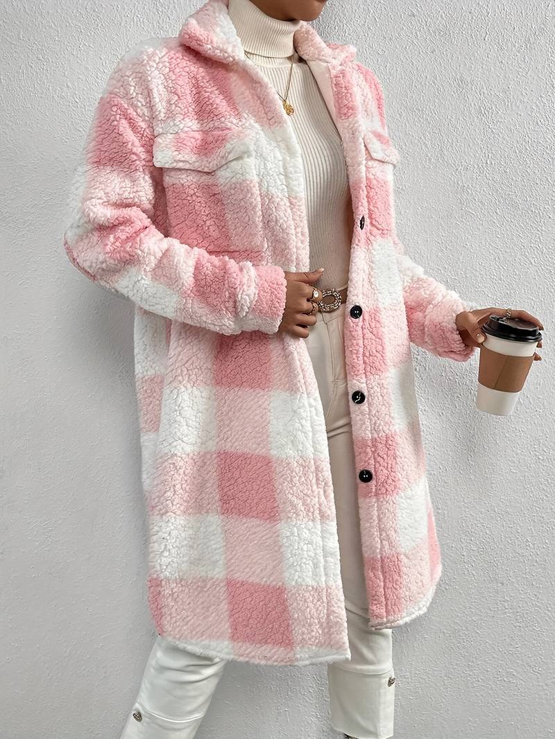 Women's Long Winter Coat Plaid Teddy Fleece – Cozy & Warm 2