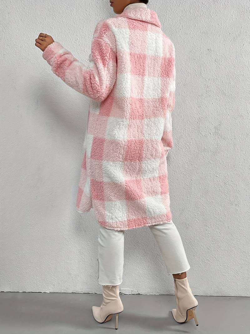 Women's Long Winter Coat Plaid Teddy Fleece – Cozy & Warm 4