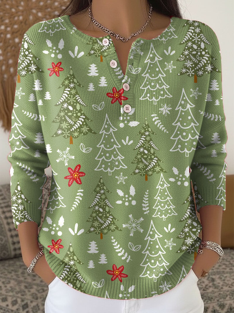 Weihnachtspullover Damen mit Knöpfen — Tannenbaum Muster 2