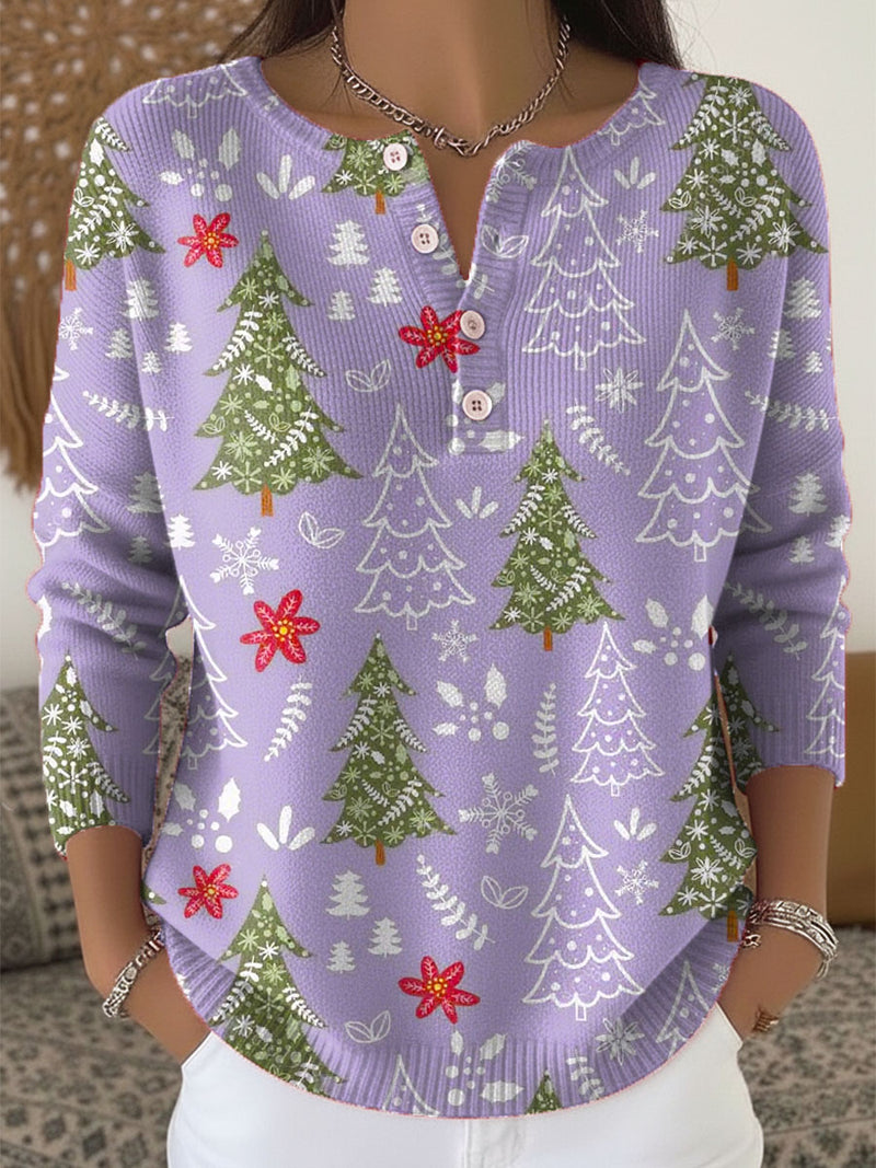 Weihnachtspullover Damen mit Knöpfen — Tannenbaum Muster 3