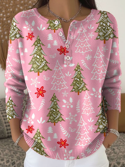 Weihnachtspullover Damen mit Knöpfen — Tannenbaum Muster 4