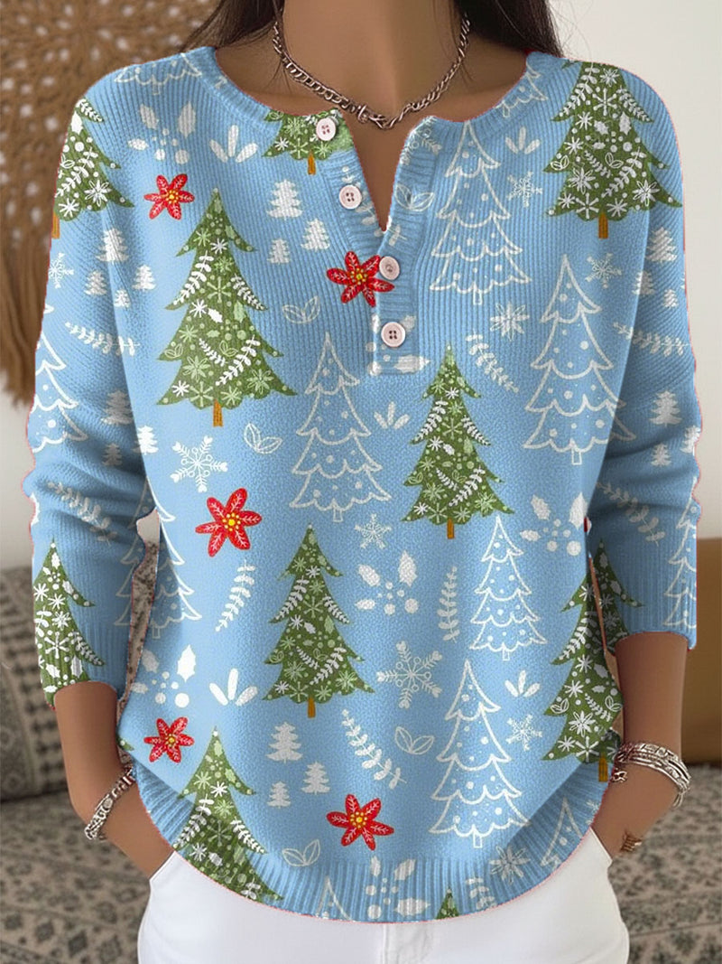 Weihnachtspullover Damen mit Knöpfen — Tannenbaum Muster 5