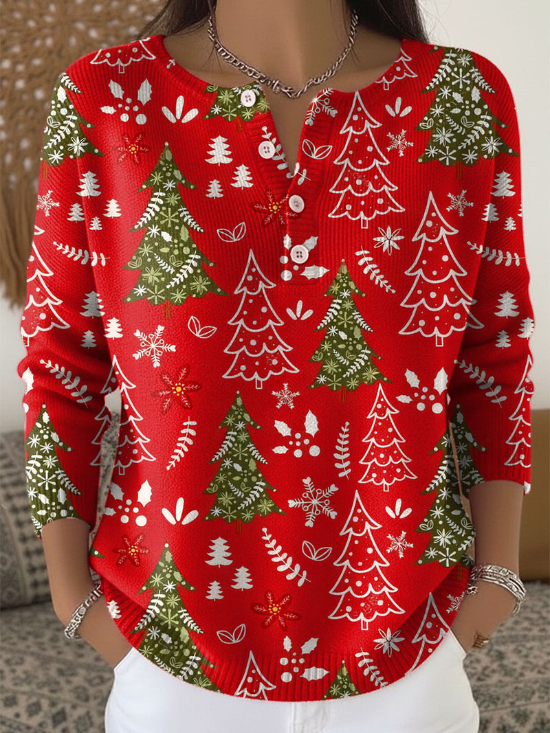 Weihnachtspullover Damen mit Knöpfen — Tannenbaum Muster 6