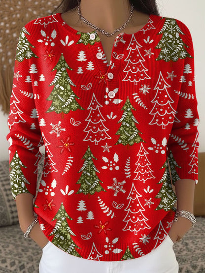 Weihnachtspullover Damen mit Knöpfen — Tannenbaum Muster 6