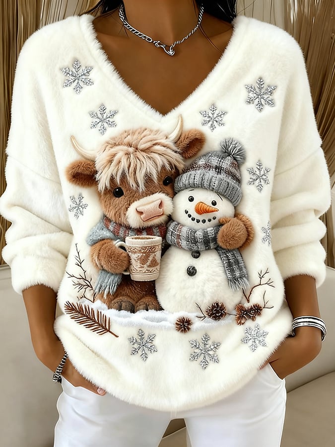 Weihnachtspullover Damen mit V-Ausschnitt — Hochlandrind & Schneemann