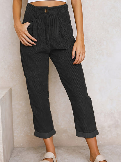 Women's Corduroy Trousers High Waist — Pleated & Cuffed 1