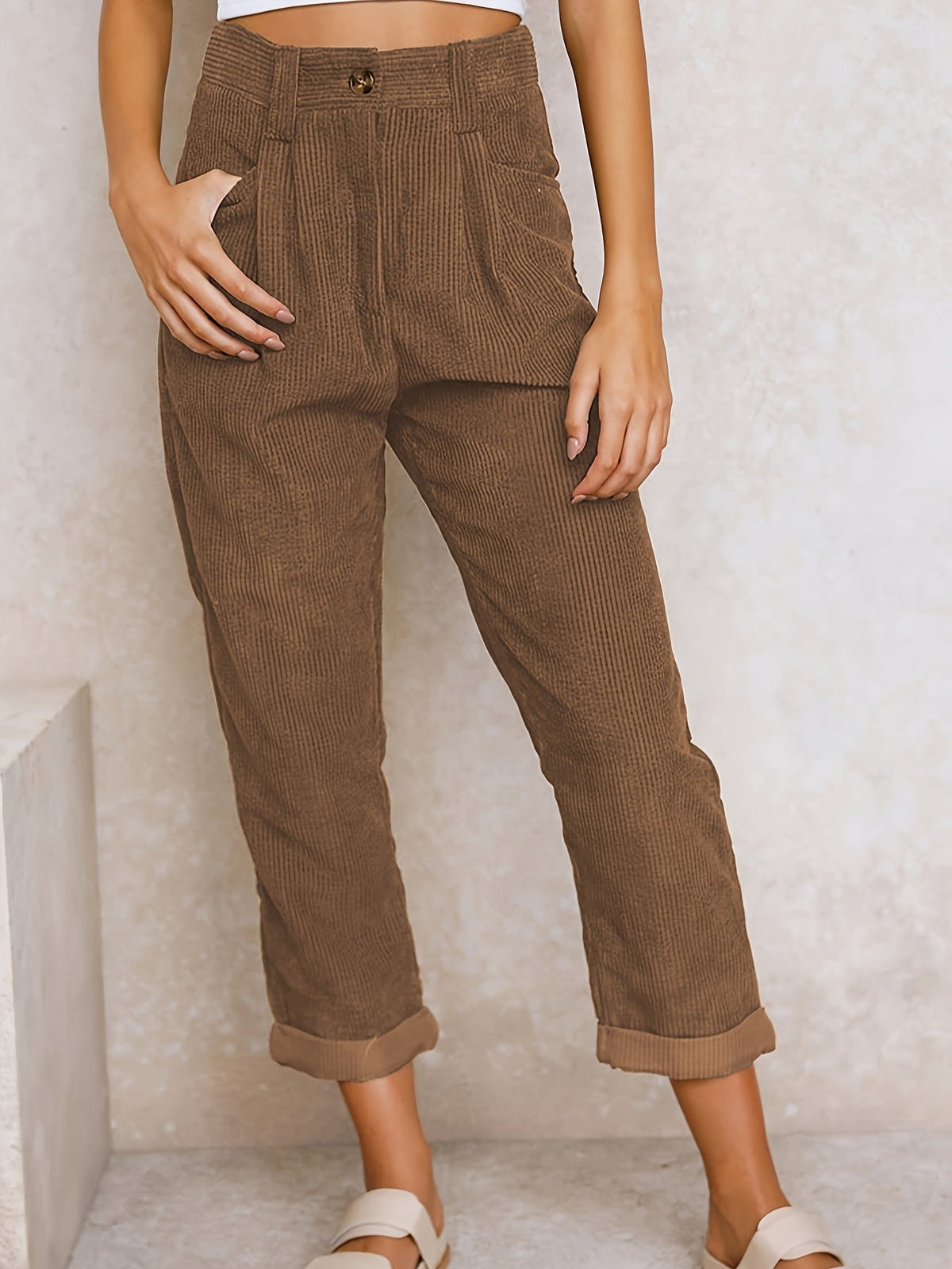 Women's Corduroy Trousers High Waist — Pleated & Cuffed 10