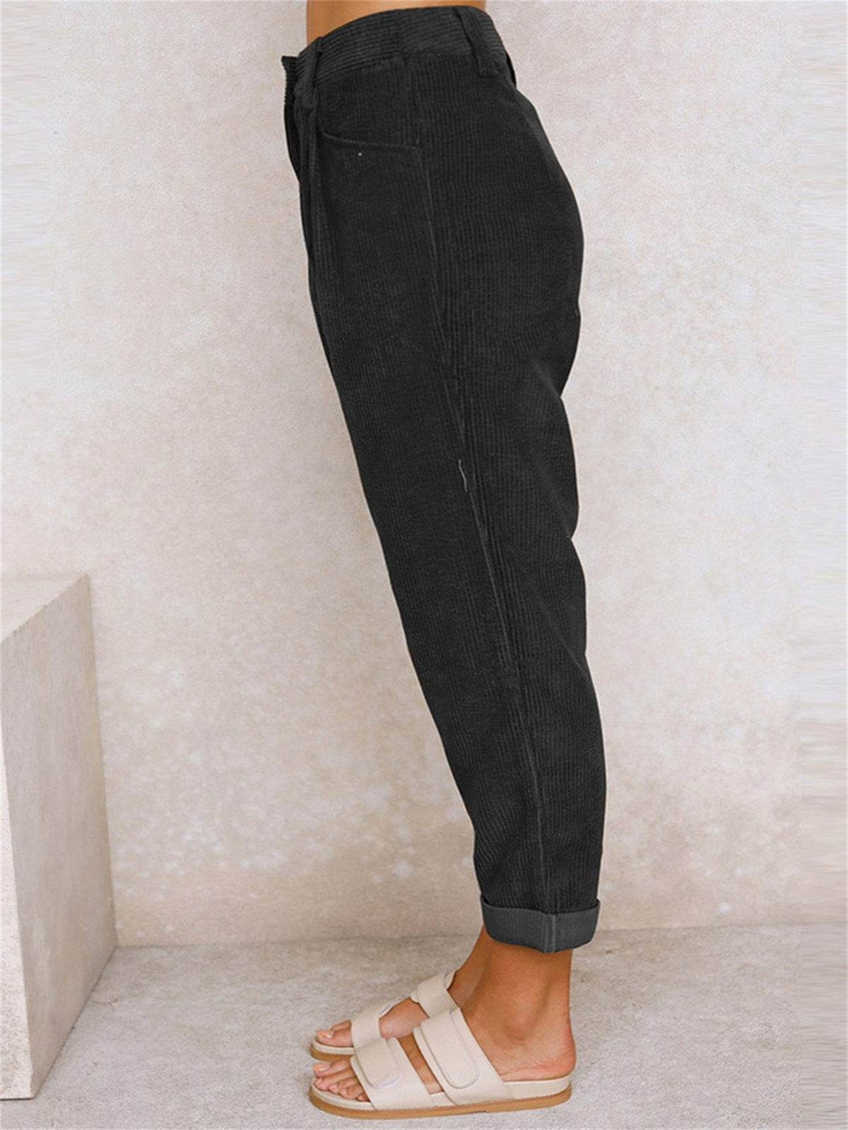 Women's Corduroy Trousers High Waist — Pleated & Cuffed 11