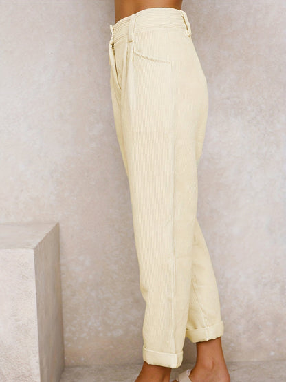 Women's Corduroy Trousers High Waist — Pleated & Cuffed 13