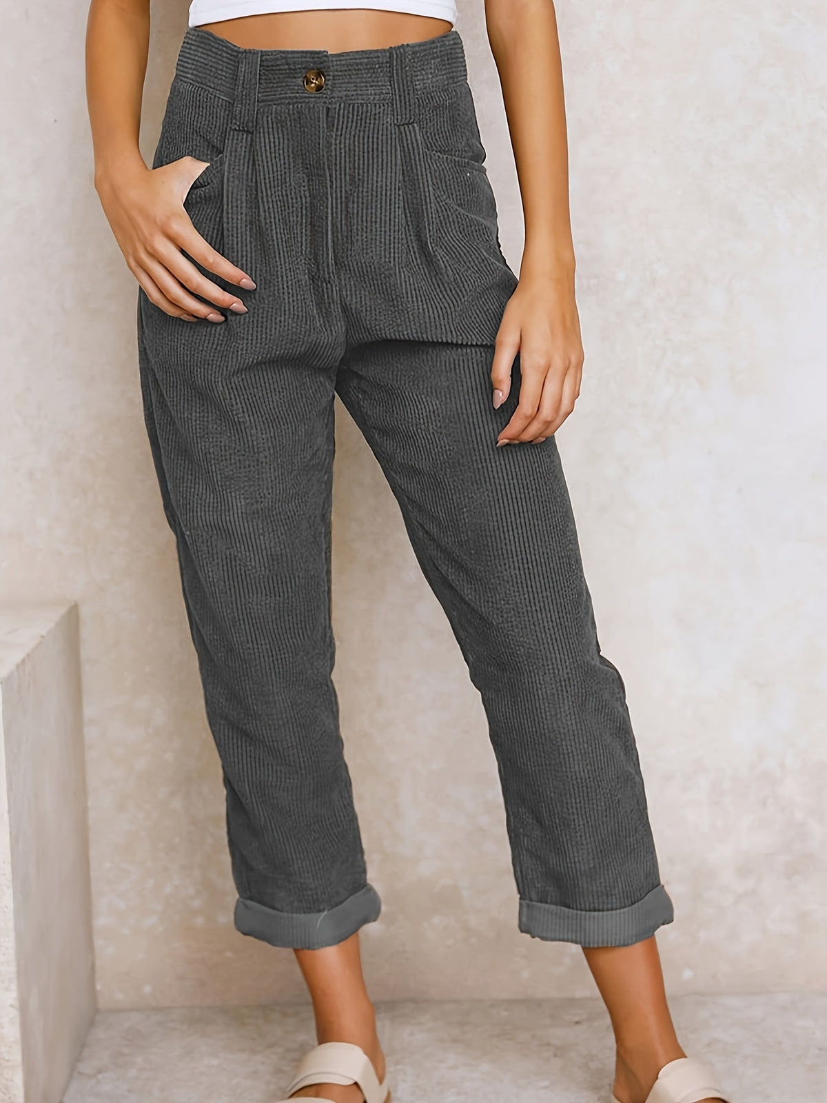 Women's Corduroy Trousers High Waist — Pleated & Cuffed 2