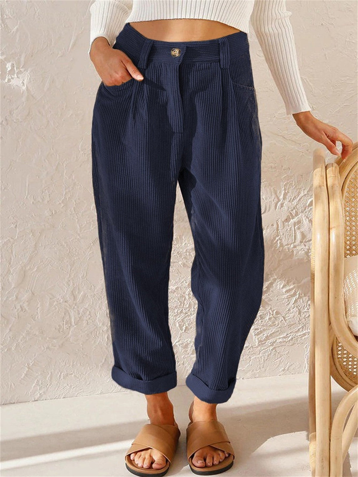 Women's Corduroy Trousers High Waist — Pleated & Cuffed 4