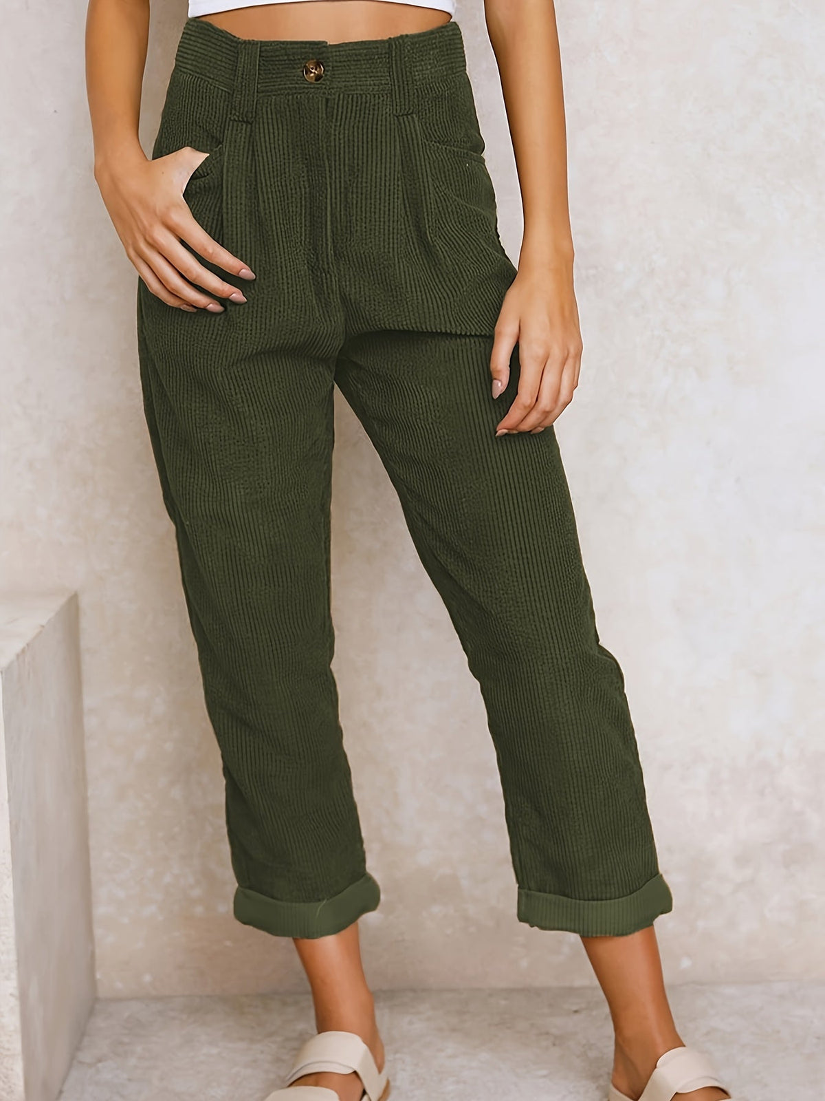 Women's Corduroy Trousers High Waist — Pleated & Cuffed 6