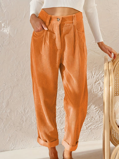 Women's Corduroy Trousers High Waist — Pleated & Cuffed 8