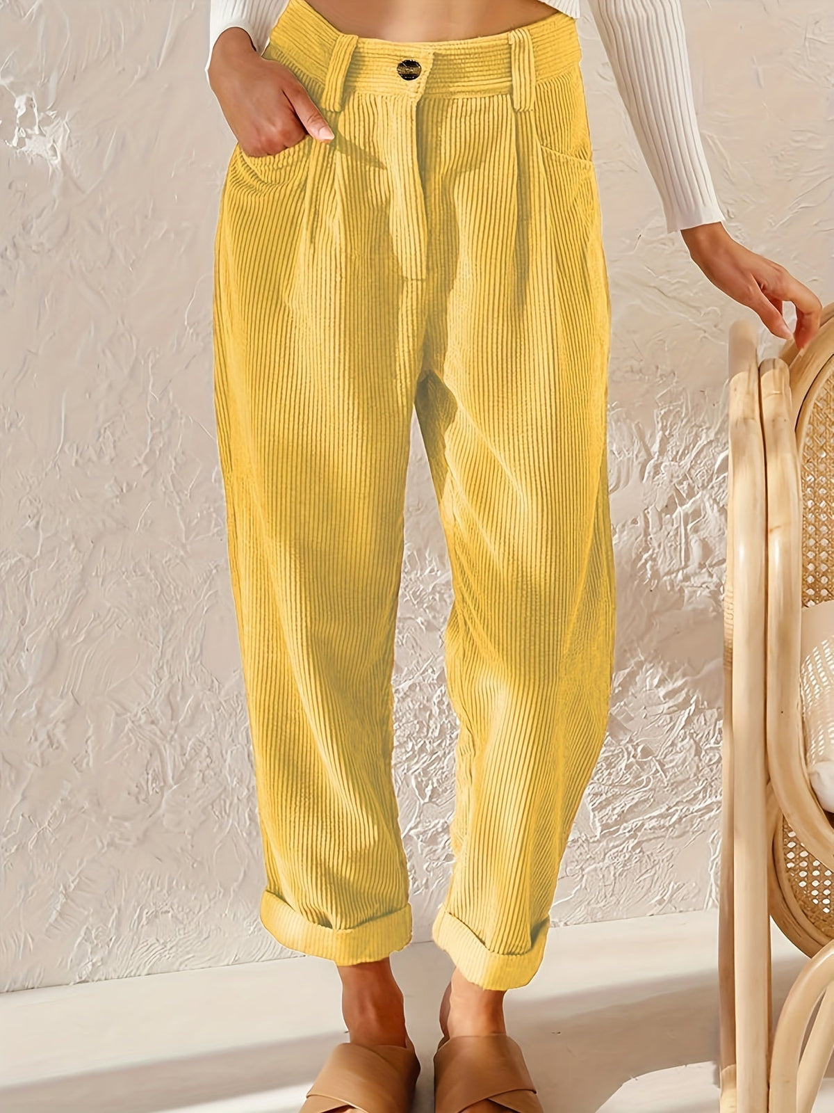 Women's Corduroy Trousers High Waist — Pleated & Cuffed 9