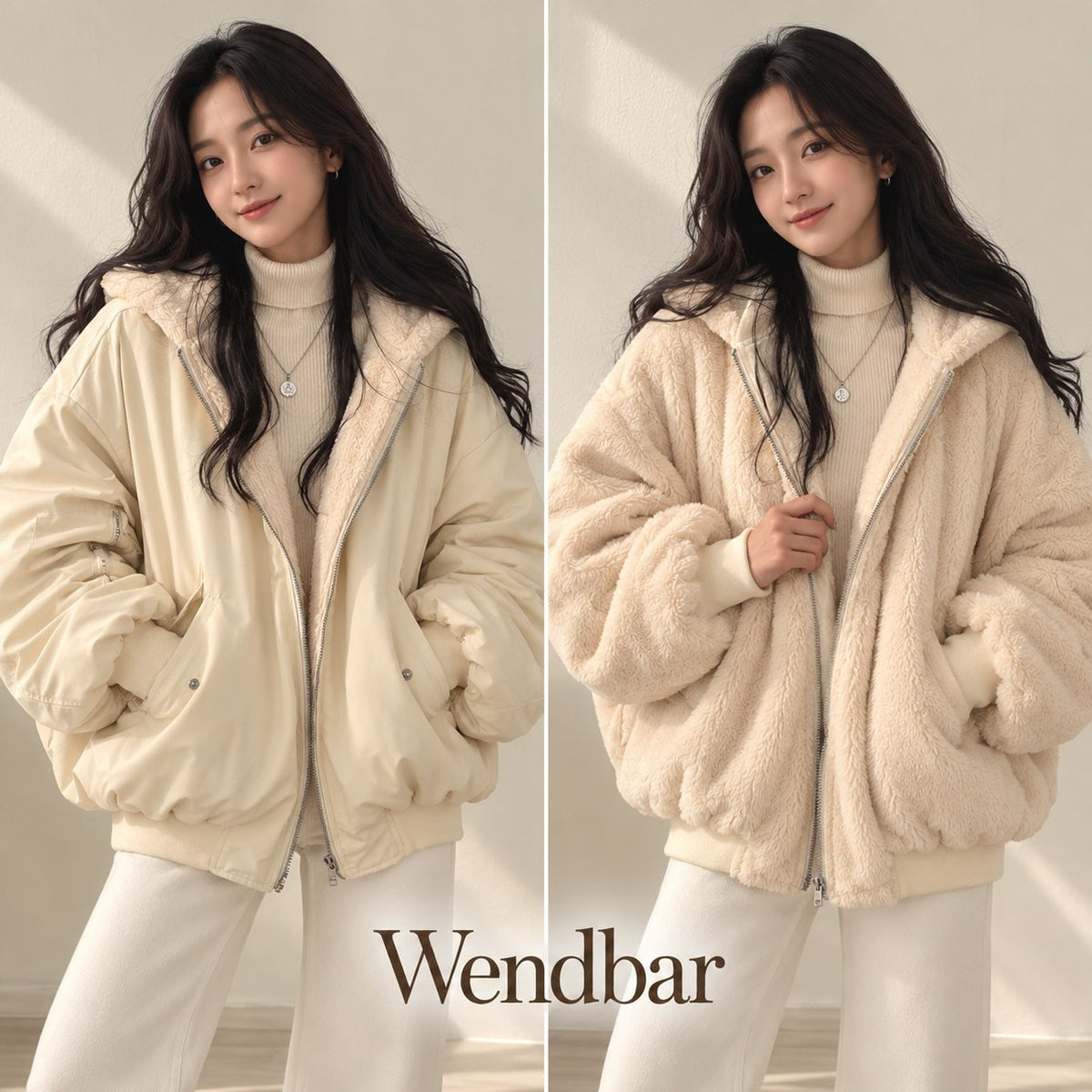 Wendejacke Damen Beige — 2-in-1: glatte Seite und Teddy-Seite