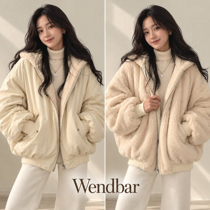 Wendejacke Damen Beige — 2-in-1: glatte Seite und Teddy-Seite