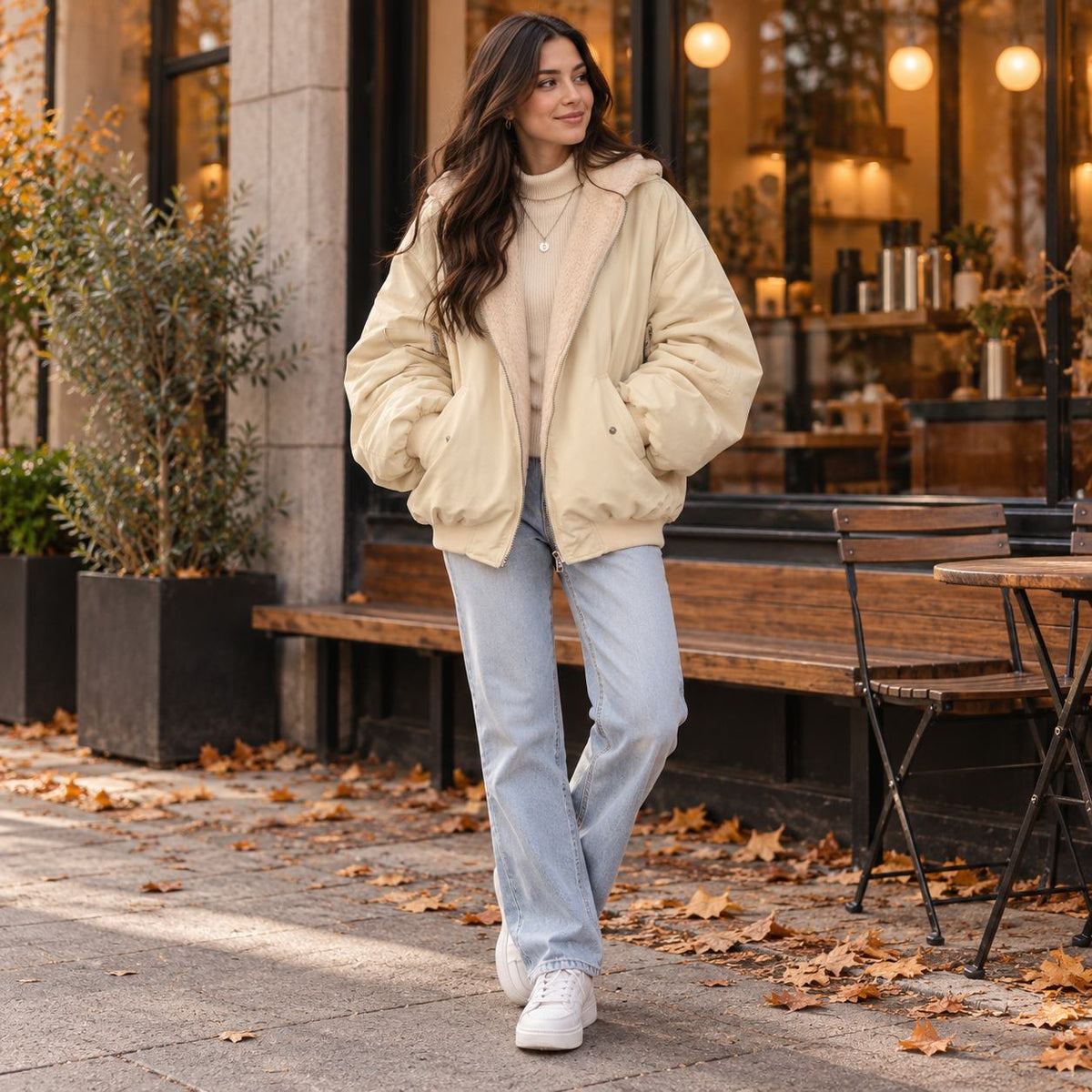 Wendejacke mit Kapuze Damen in Beige — Herbstoutfit mit Jeans