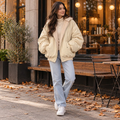 Wendejacke mit Kapuze Damen in Beige — Herbstoutfit mit Jeans