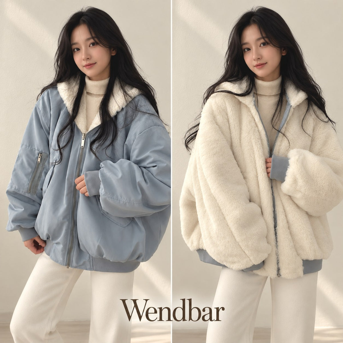 Wendejacke Damen Blau — 2-in-1: glatte Seite und Teddy-Seite