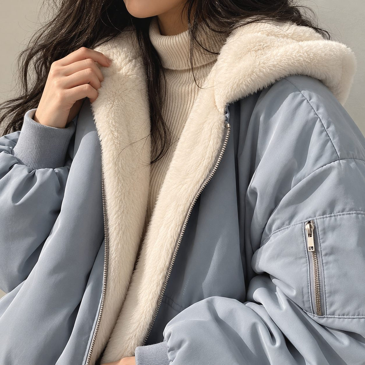 Wendejacke Damen Blau — Detail Kapuze mit Teddyfutter und Ärmeltasche
