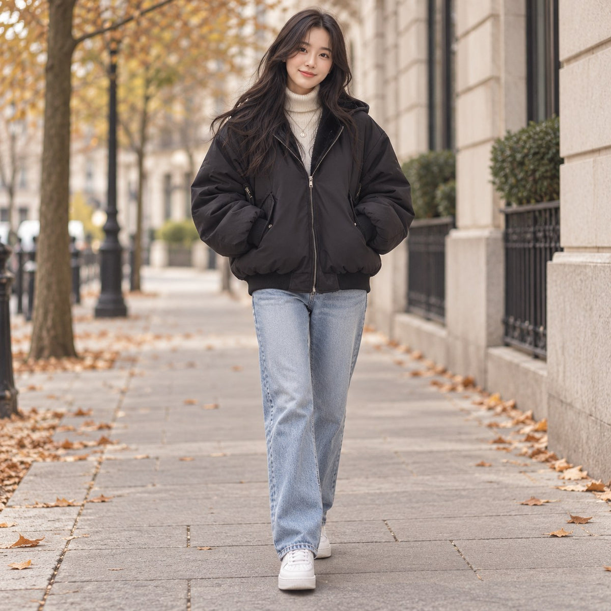 Wendejacke mit Kapuze Damen in Schwarz — Oversize Herbstlook in der Stadt