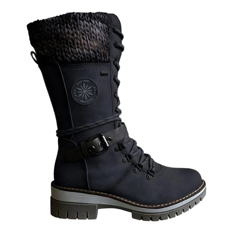 Women's Winter Lace-Up Boots — Knit Cuff Mid-Calf 7
