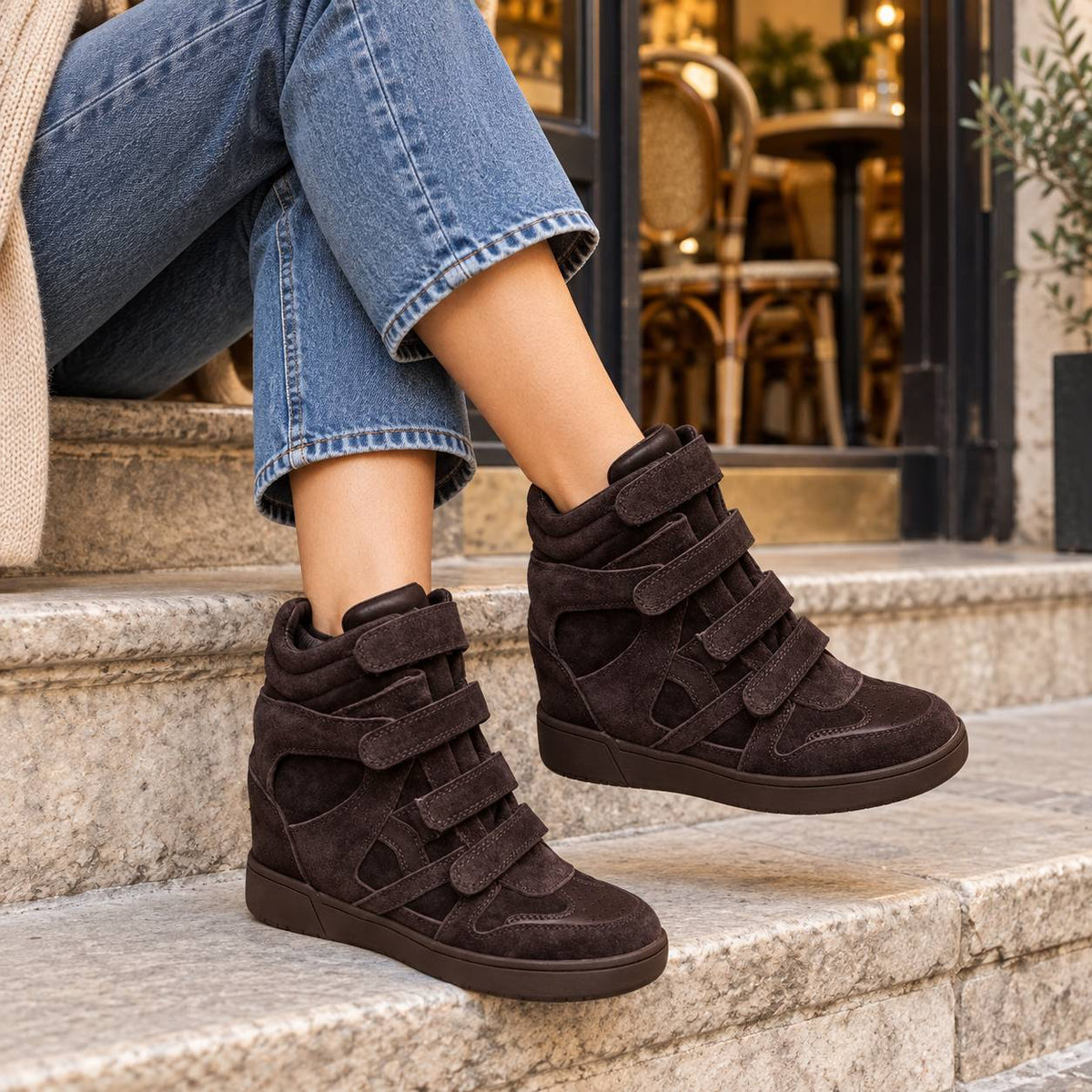 Damen High-Top Sneaker mit verstecktem Keilabsatz in Braun