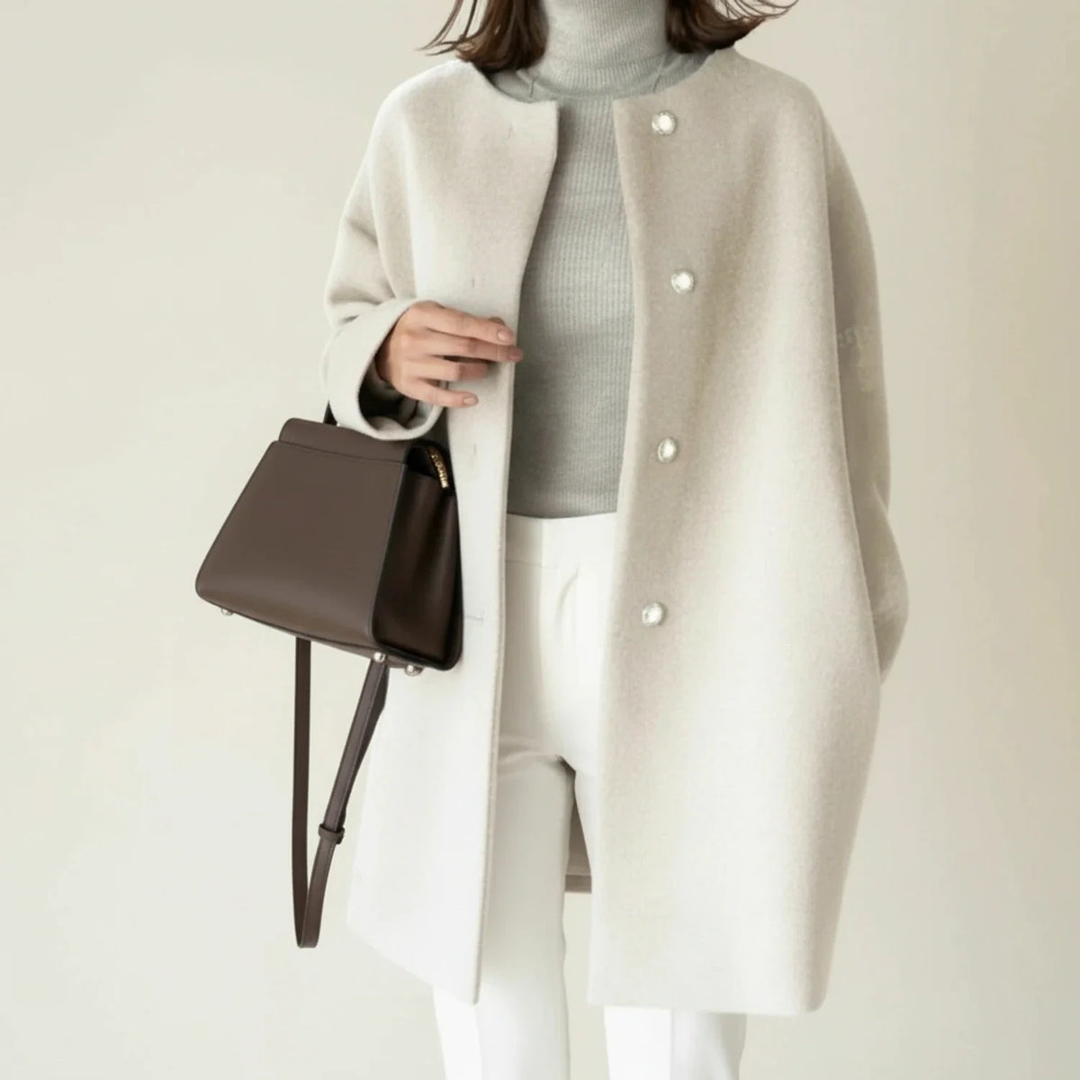 Women's Collarless Winter Coat A-Line — Button Front 3