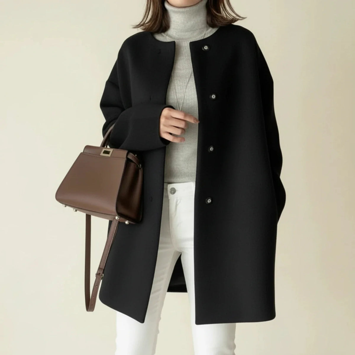 Women's Collarless Winter Coat A-Line — Button Front 1