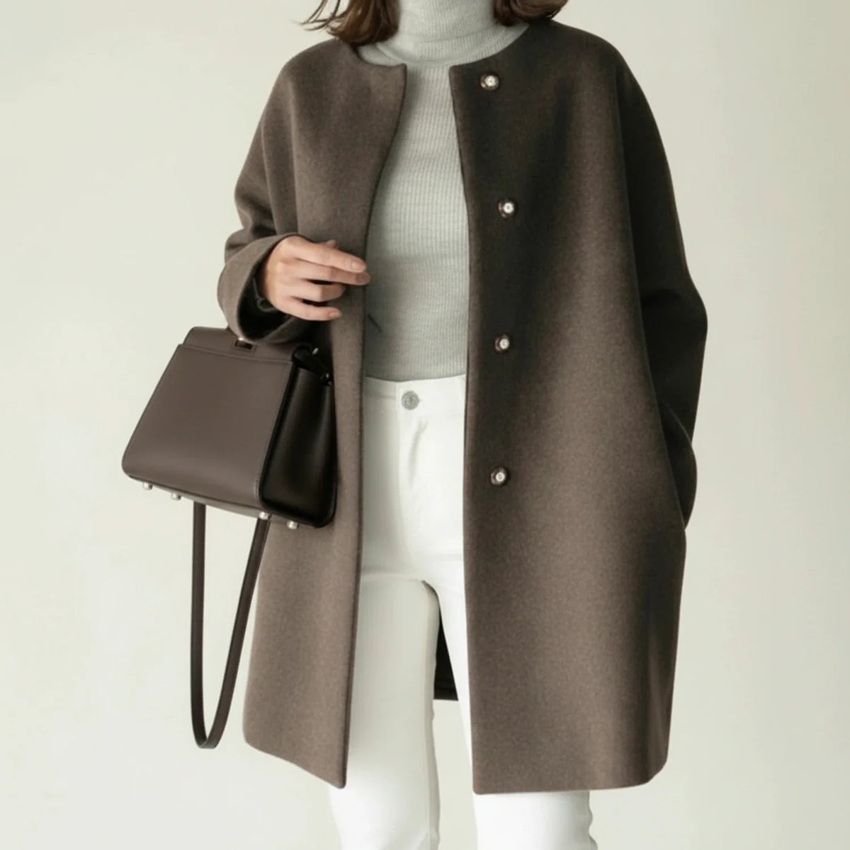 Women's Collarless Winter Coat A-Line — Button Front 2