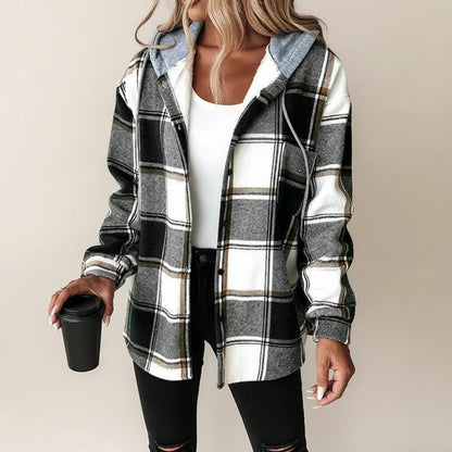 Women's Plaid Hooded Shirt Jacket — Relaxed Fit Button-Down 3