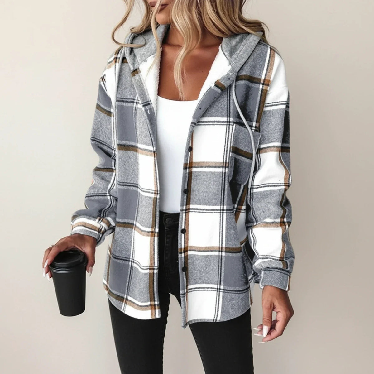 Women's Plaid Hooded Shirt Jacket — Relaxed Fit Button-Down 4